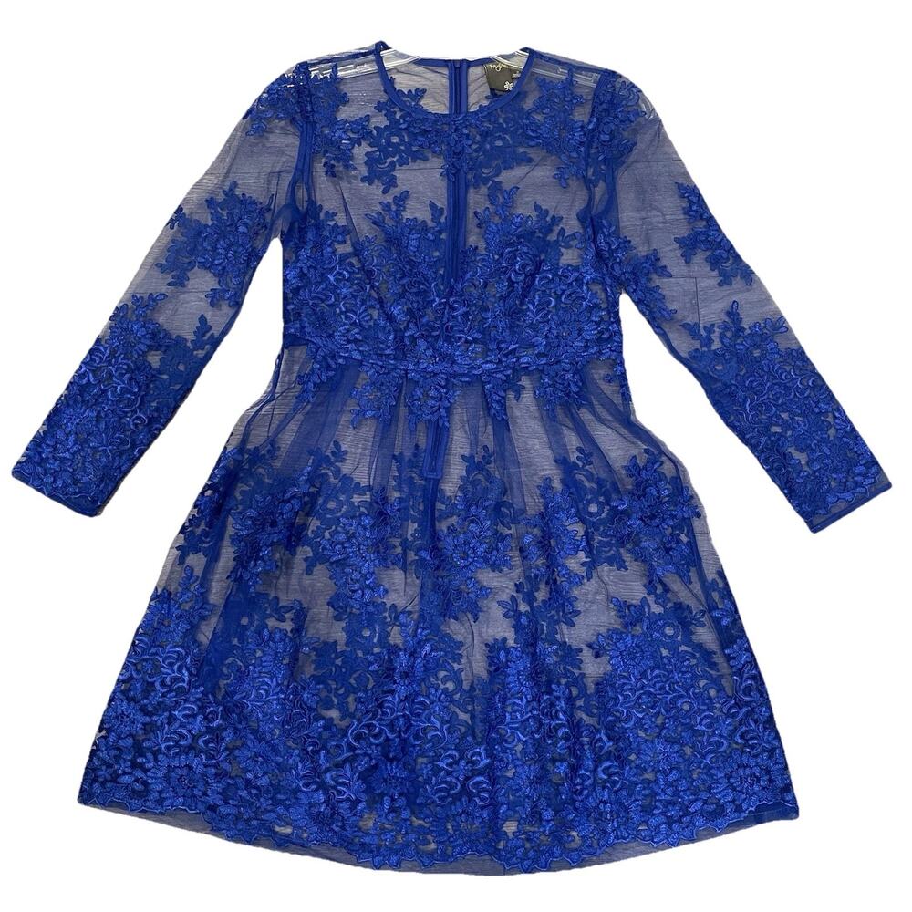 Lace Sheer Dress Wedding Easter Event Blue Embroidered Mesh Floral Womens 8